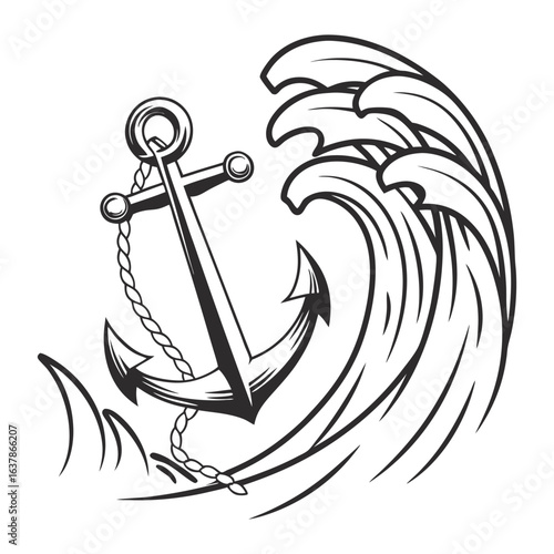 Vintage monochrome nautical emblem with anchor entwined with rope on stylized waves for classic marine branding, sailing clubs, shipping businesses or sea related designs