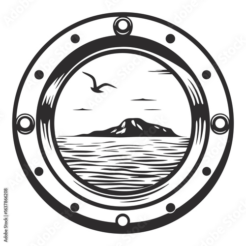 Vintage ship porthole framing seascape with flying seagull, island and ocean waves in monochrome vector for marine navigation, travel branding or nautical themed decorations