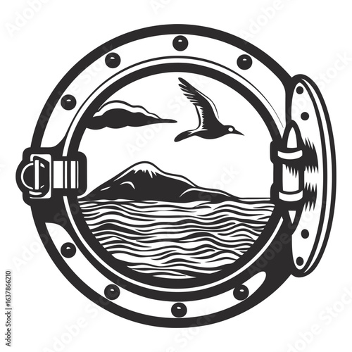 Vintage ship porthole framing seascape with flying seagull, island and ocean waves in monochrome vector for marine navigation, travel branding or nautical themed decorations