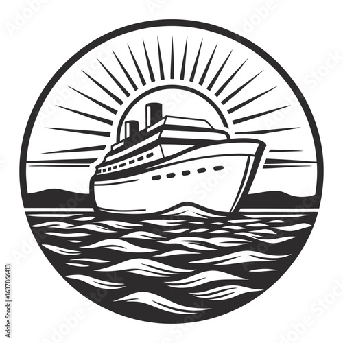 Cruise ship on ocean waves at sunset with clouds and sun rays, designed for vintage monochrome travel and marine themed projects