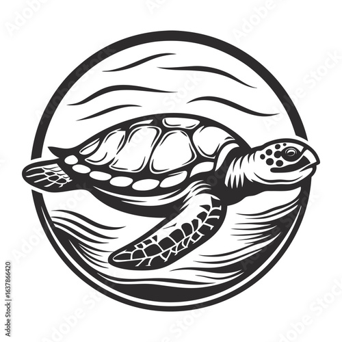 Monochrome emblem with sea turtle above stylized waves in circular rope frame, suitable for nautical branding, marine conservation projects, coastal tourism, and ocean wildlife themes