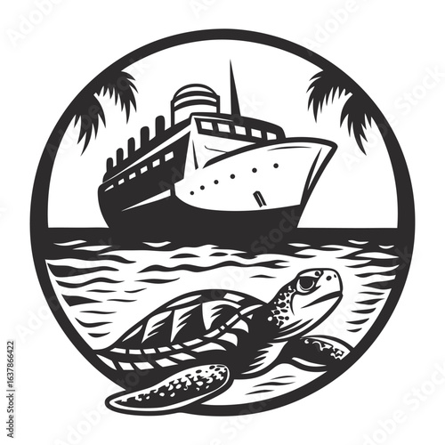 Monochrome emblem with cruise ship sailing above and sea turtle below, enclosed in rope frame, ideal for nautical branding, marine wildlife promotion, and coastal tourism projects
