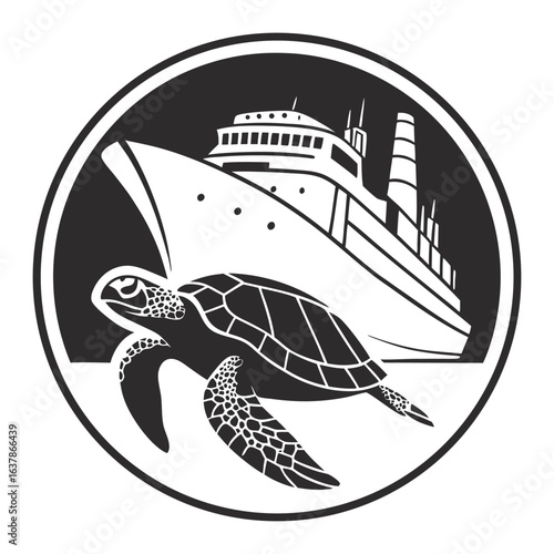 Monochrome emblem with cruise ship sailing above and sea turtle below, enclosed in rope frame, ideal for nautical branding, marine wildlife promotion, and coastal tourism projects
