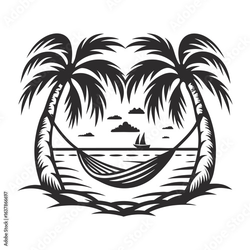 Monochrome hammock between palm trees on tropical beach with sailboat sailing on calm sea at sunset, vintage travel or holiday themed vector design