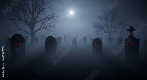 Spooky graveyard scene at night with glowing red eyes and fog under a full moon in the sky ai generated