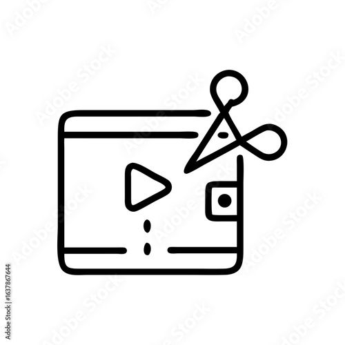 Video editing icon with scissors and play button in outline design  