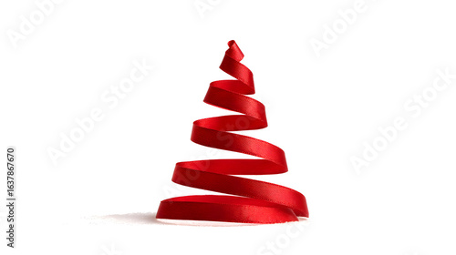 Stylized red ribbon shaped like a Christmas tree, isolated on white. Ideal for minimal holiday visuals, design mockups, or festive branding.