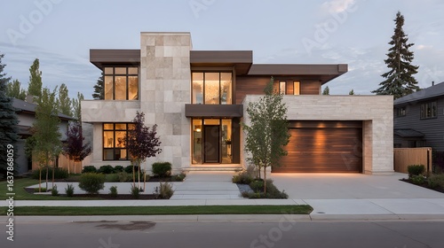 Modern house facade with stone and wood exterior.