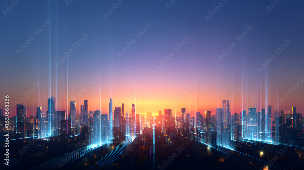 Fototapeta premium Abstract futuristic cityscape with digital-style red lights and a dramatic sunset. Perfect for sci-fi, innovation, and future urban themes.