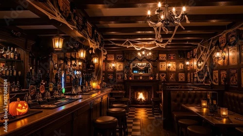 Wallpaper Mural Spooky Halloween decorations in a cozy old English pub. Warm and inviting bar with a fireplace, jack-o'-lanterns, and cobwebs. Torontodigital.ca