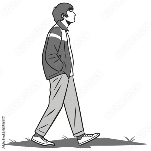 A man walking down the street in casual clothes isolated on white background