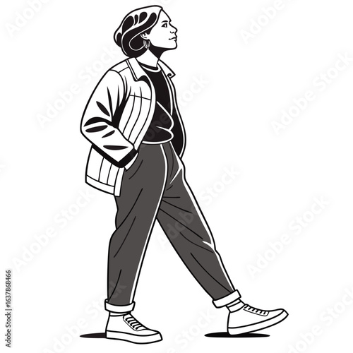 A woman walking down the street in casual clothes isolated on white background