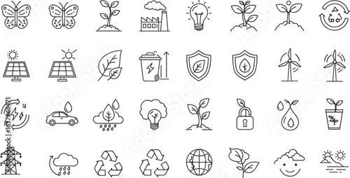Eco friendly energy icons, renewable resources, green technology, recycling symbols, solar power, wind turbines, environmental conservation, sustainable development, clean energy, nature protection