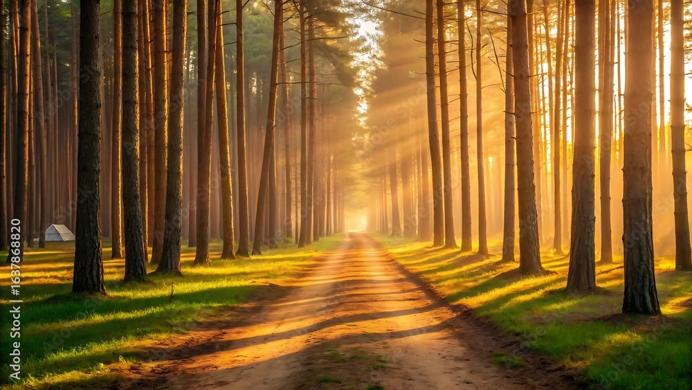 Obraz premium Sunlight filters through tall pine trees lining a forest path