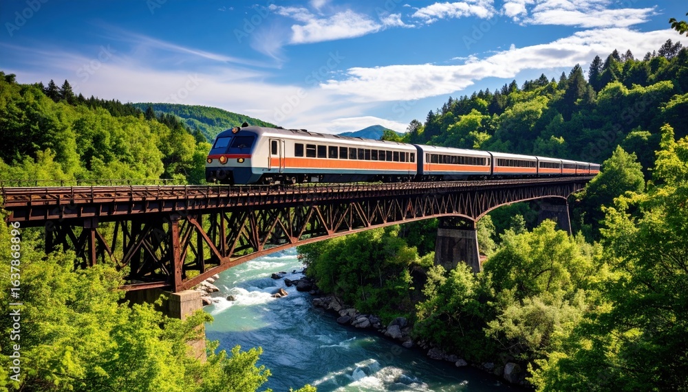 Train On Bridge Through Mountainous Landscape Train On Bridge Through Mountainous Landscape