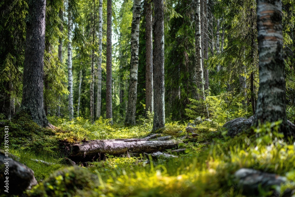 Obraz premium Sunlight Drenched Forest Path With Birch Trees