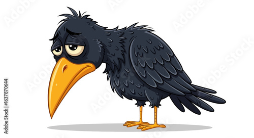 A Depressed Raven with Big Sad Eyes and a Drooping Beak on a White Background