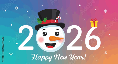 Celebrate the arrival of the joyous new year 2026 with a friendly snowman and festive decorations wishing everyone happiness and good cheer