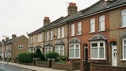 Row of traditional English terraced houses on a suburban street. Classic British brick homes with bay windows under an overcast sky.