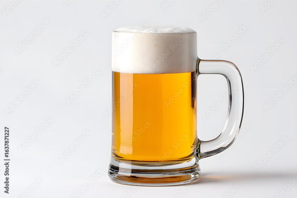 Classic beer mug with golden beer and thick foam on clean white surface. Ideal for drink packaging, Oktoberfest campaigns, or bar visuals. Classic beer mug with golden beer and thick foam on clean white surface. Ideal for drink packaging, Oktoberfest campaigns, or bar visuals.