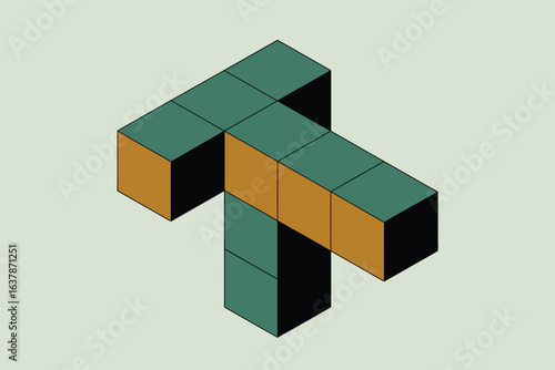 Isometric t shape made of green and orange cubes on a light green background in a simple illustration