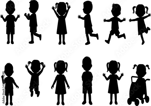 Collection of children silhouettes boys and girls set, vector illustration
