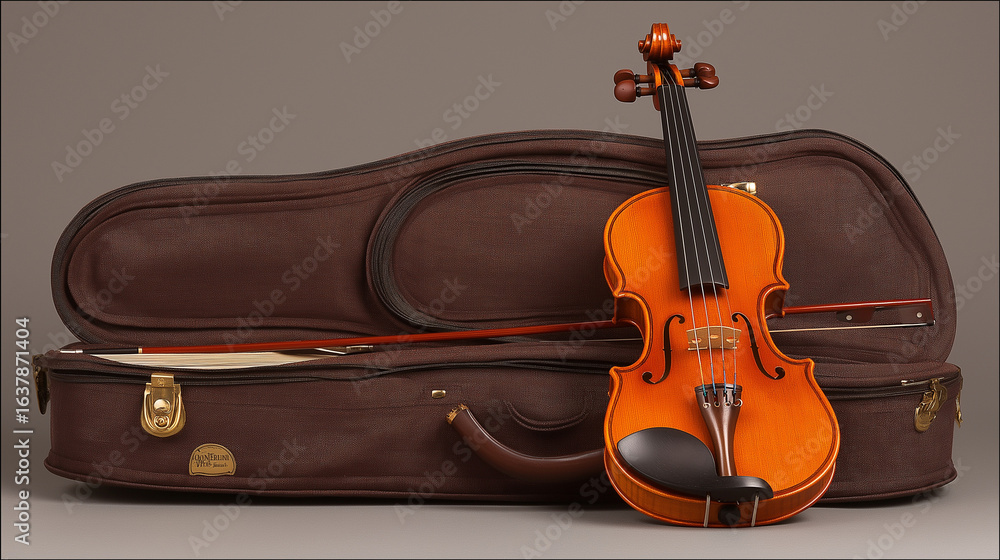 Fototapeta premium Violin Resting Against Open Case, Bow