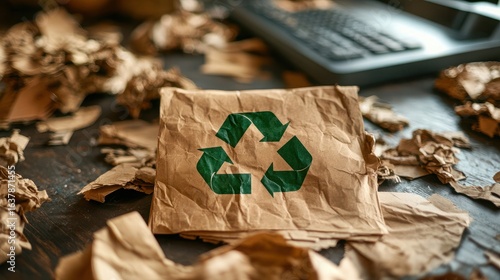 Crumpled Paper with Green Recycling Symbol on a Messy Desk Surrounded by Cardboard Waste