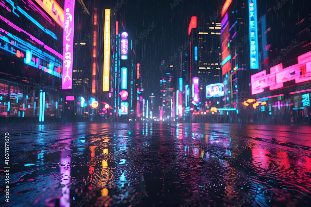 Obraz premium Cyberpunk City Street at Night in the Rain Generative AI