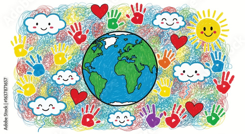 Celebrating Our Beautiful Planet Earth With Happy Clouds Sunny Skies Colorful Hands and Loving Hearts A Day of Global Unity and Joyful Togetherness