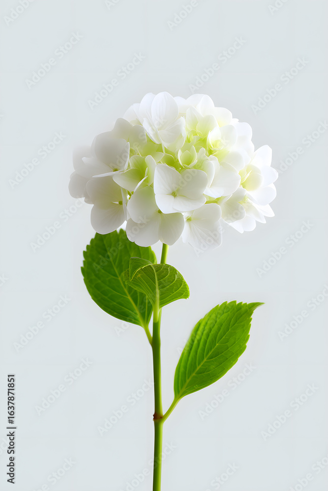 Fototapeta premium White hydrangea bloom with green leaves on soft blue background. Elegant floral photo perfect for greeting cards, spring themes, or wedding designs.