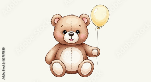 Adorable fluffy teddy bear character illustration holding a single yellow balloon in a friendly and cheerful pose against a soft creamy background suitable for children's books and party decorations
