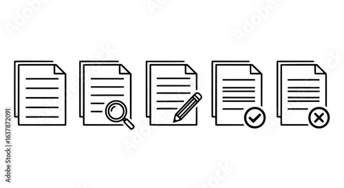 Vector icons for workflow status. A set of thin line symbols for document processing, review, and validation.