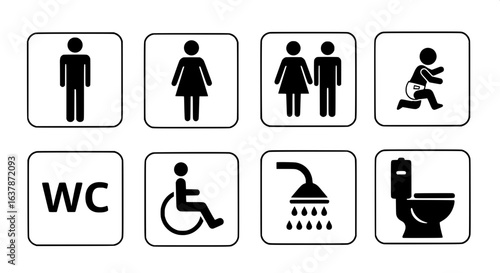 Public restroom and toilet facility icon set. Vector symbols for male, female, unisex, accessible, shower, and baby changing station.