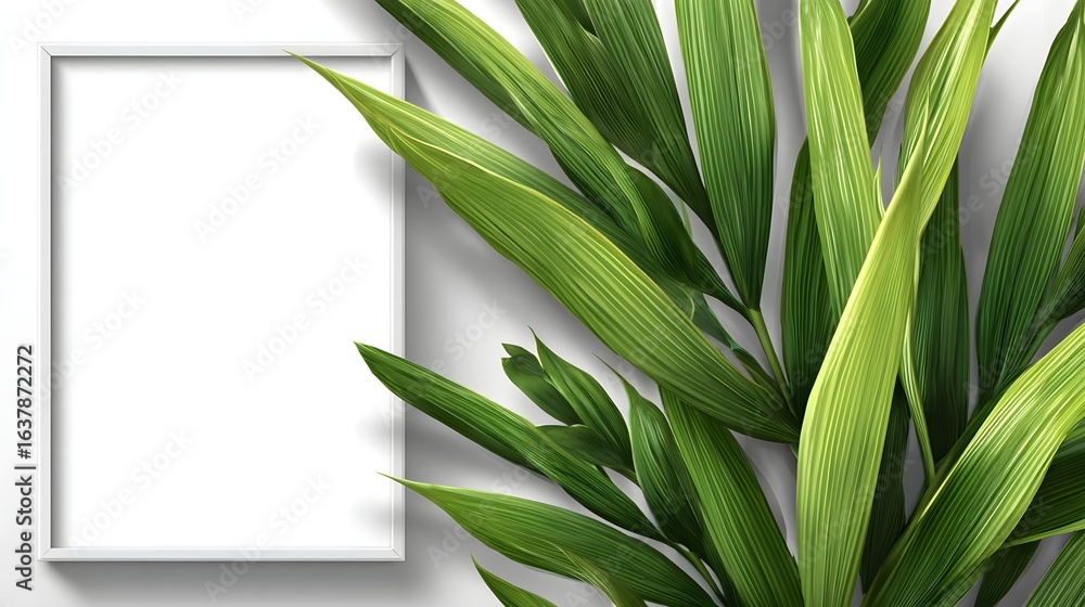 Obraz premium Empty white frame and tropical foliage on a light gray background.