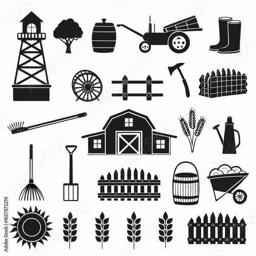 Black silhouette set of 30 farm and agriculture-related objects including barns, tractors, tools, windmills, crops, irrigation equipment, livestock enclosures, and harvesting accessories

