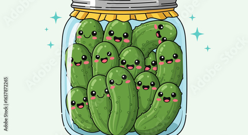A Jar Full of Adorable Smiling Pickles Packed Tightly Together Giving Off a Whimsical and Cheerful Vibe with Sparkles of Joy