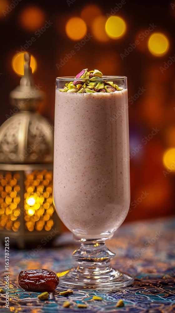 Obraz premium Date shake recipe healthy ramadan drink with pistachios and rose petals middle eastern beverage dessert treat