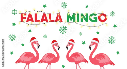 Funny Flamingos Wearing Santa Hats Celebrating the Holidays with Festive Decorations and Christmas Lights for a Joyful Winter Season