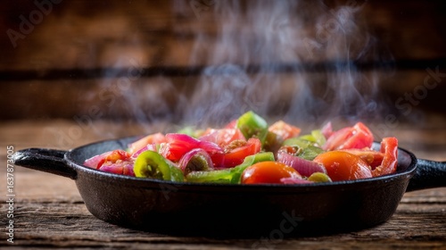 A sizzling skillet of fresh sautéed vegetables on a wooden surface, featuring tomatoes, bell peppers, red onions,