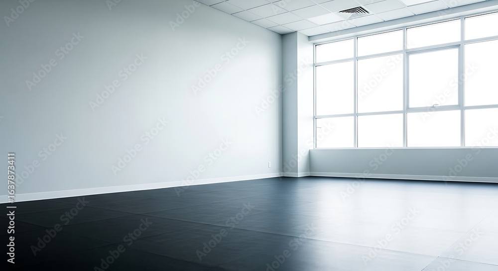Fototapeta premium Vast illuminated interior featuring a dark floor and expansive window views offering serene
