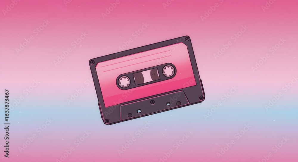 Fototapeta premium A cartoon cassette tape against a light pink and blue gradient background