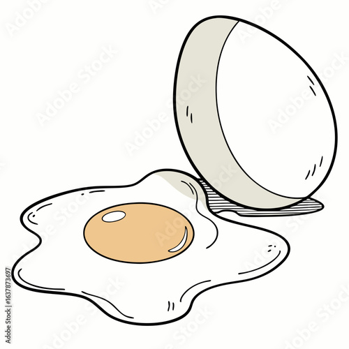 Fried egg with a bright yellow yolk and runny white isolated on white background