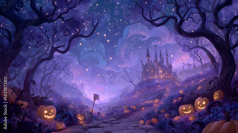 Obraz premium Enchanting halloween forest scene with glowing jack o lanterns spooky trees and a distant castle under a starry purple sky