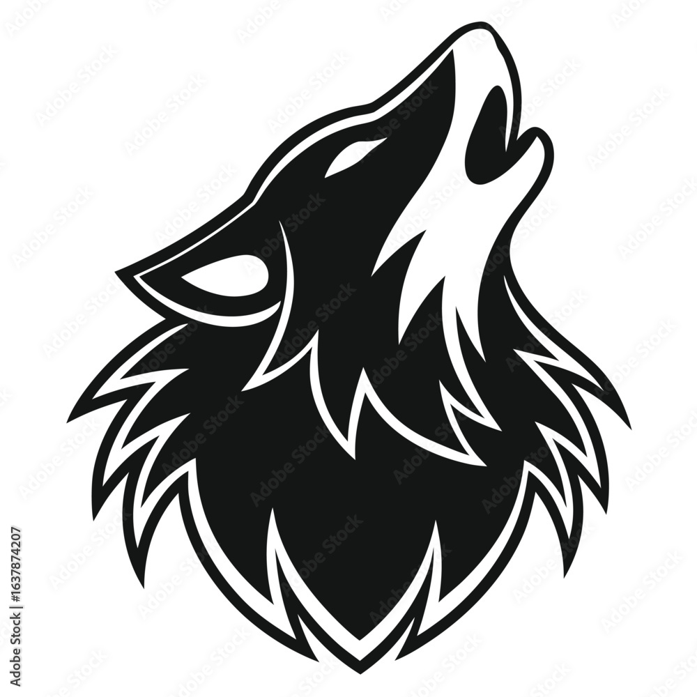 Obraz premium Stylized Black and White Wolf Head Howling at the Moon: Powerful, Majestic, Tribal Design Element for Logos, Branding, and Graphic Design Projects.