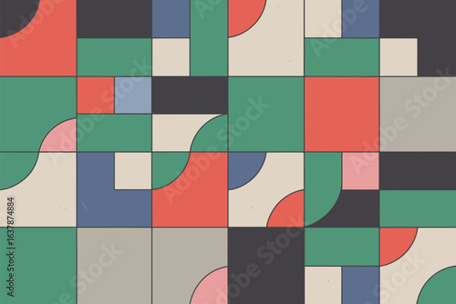 Geometric pattern featuring squares rectangles and quarter circles in various colors and arrangements