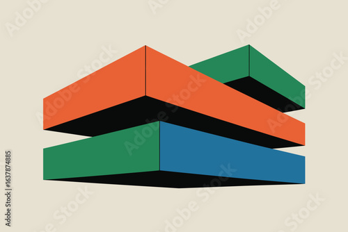 Abstract stack of rectangular prisms in orange green and blue with shadows on a light background