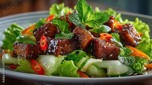 Delicious glazed pork belly salad with fresh mint leaves for a tasty meal