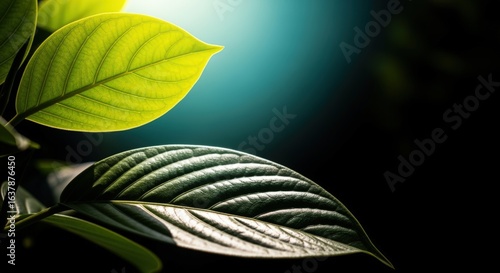 Close-Up of Vibrant Green Leaves with Light and Shadow, Ideal for Natural and Organic Concepts