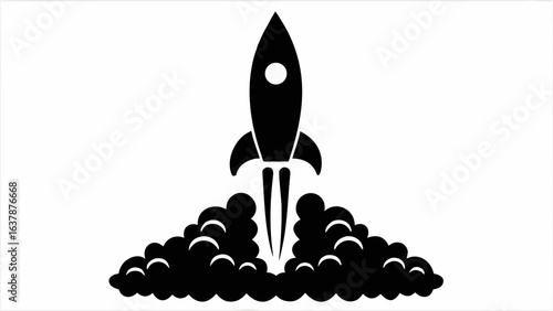 Illustration of a rocket launching into space with smoke trails on a white background design element silhouette